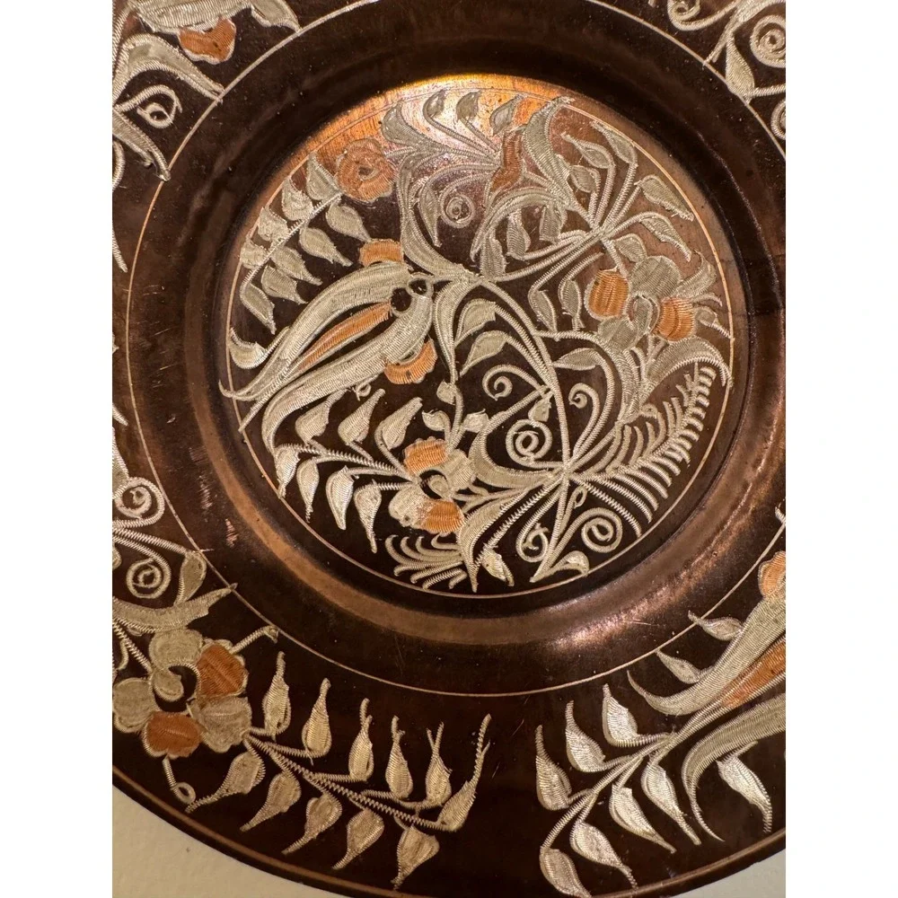 Vintage Copper Plate Hand Etched Floral Design Made in Turkey Wall Hanging 7
